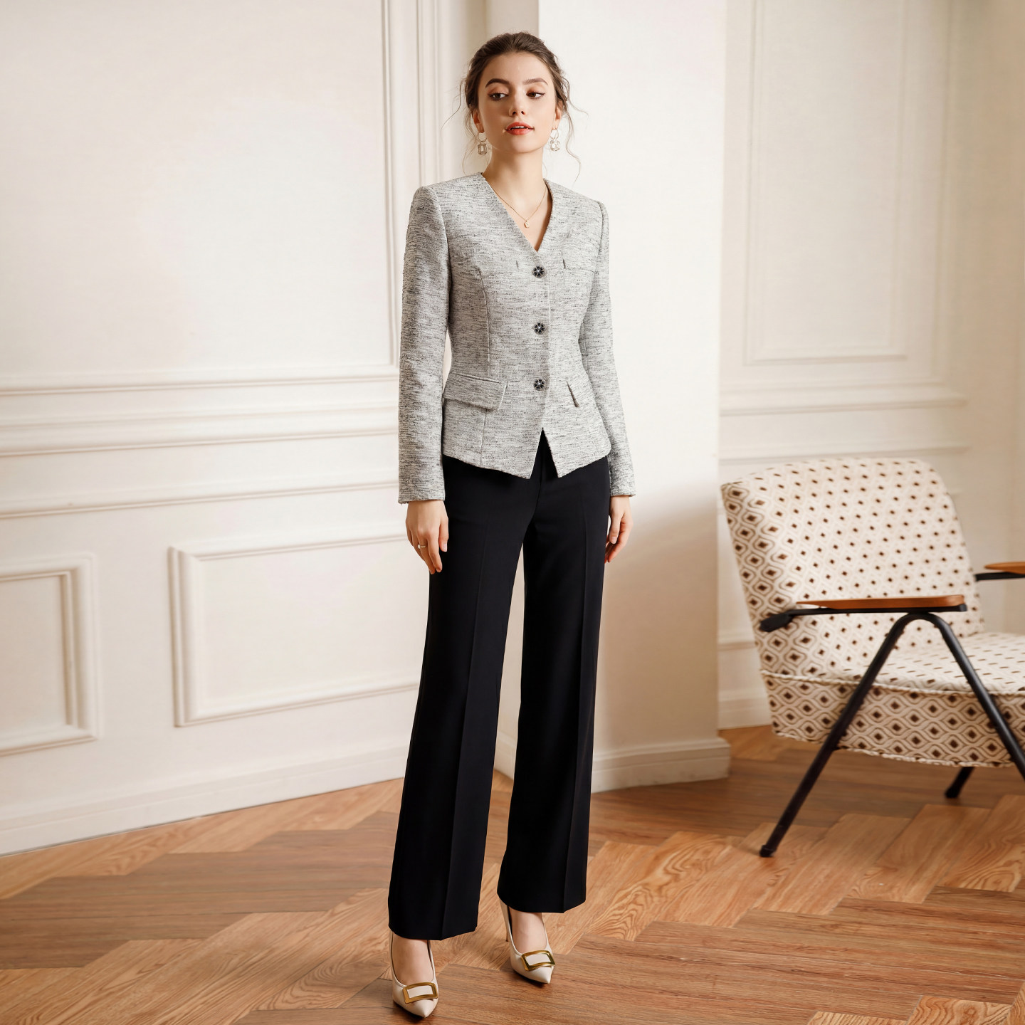 IWY/小香风粗花呢西装套装女V领外套阔腿裤两件套通勤总裁职业装套裤WC319+WP320