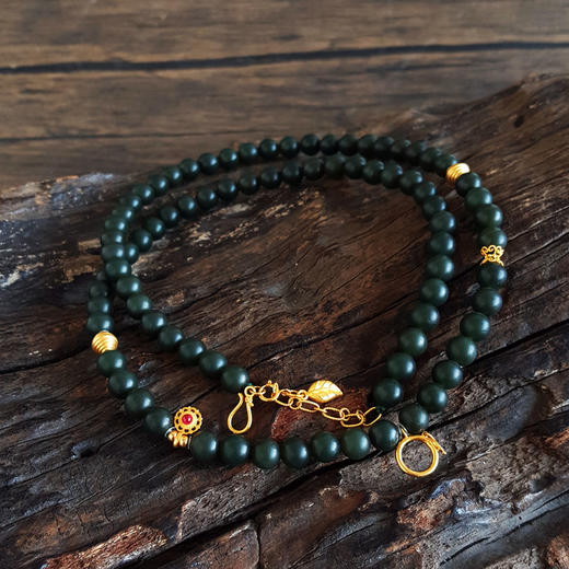 【天然正品】AU750黄金镶天然新疆料细腻塔青约6.3MM和田玉珠串手链项链两用款 链长：59CM（皆取最大值）140126NJS07 商品图4