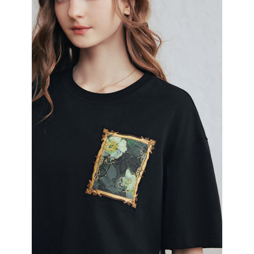 两三事梵高文艺青空回响2026春季新款文艺风贴布绣短袖t恤女宽松 商品图3