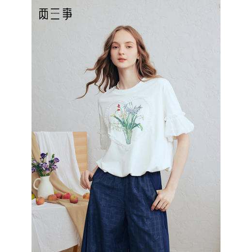 两三事梵高文艺留兰清韵2026春季新款可爱蕾丝爱心印花泡泡袖t恤 商品图0