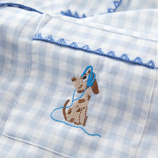 全棉双层纱~26新款趣味格纹卡通睡衣女士 精致勾边可爱小狗刺绣家居服套装春夏 商品图2