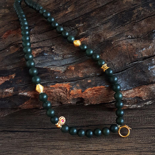 【天然正品】AU750黄金镶天然新疆料细腻塔青约6.3MM和田玉珠串手链项链两用款 链长：59CM（皆取最大值）140126NJS07 商品图5