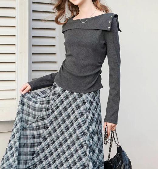 F022798春季新款长袖简约T恤套头上衣一字肩修身针织衫 商品图5