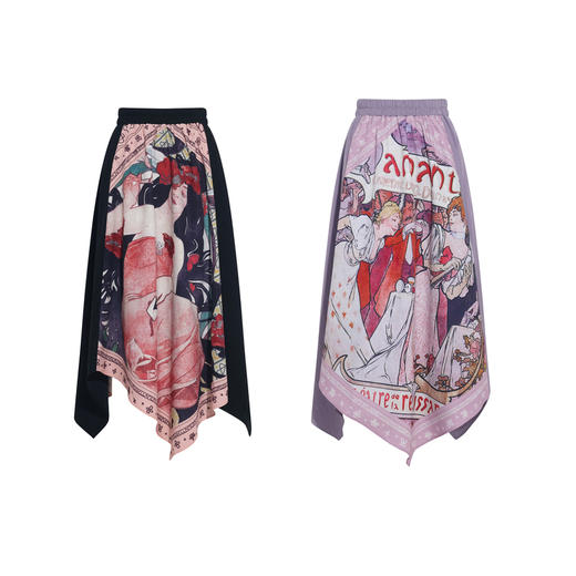 两三事 离岛电台 2026春季新款复古印花拼布不规则半身裙飘逸长裙 商品图4