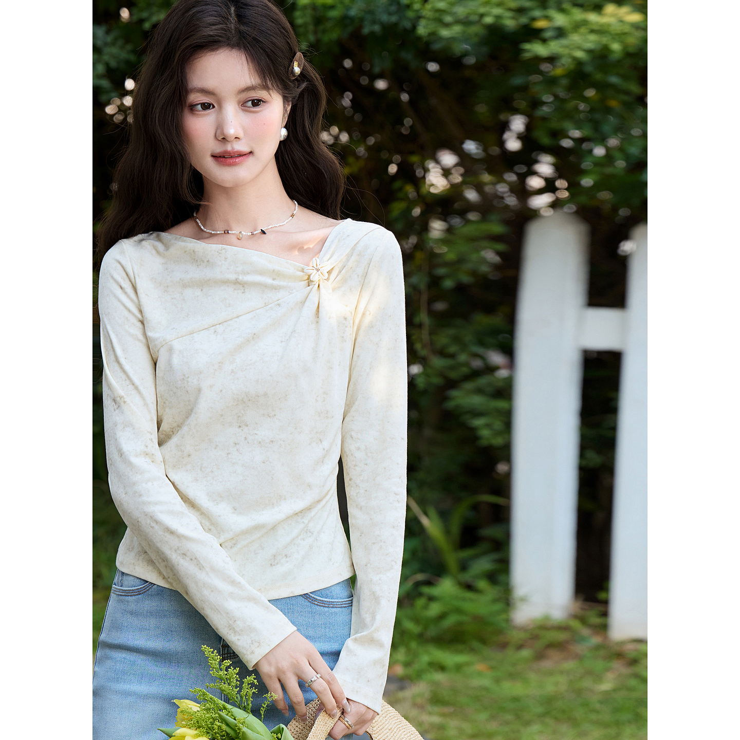 鹿向南【0211/20:00新品前1小时7折限量100件】杏色设计感长袖T恤