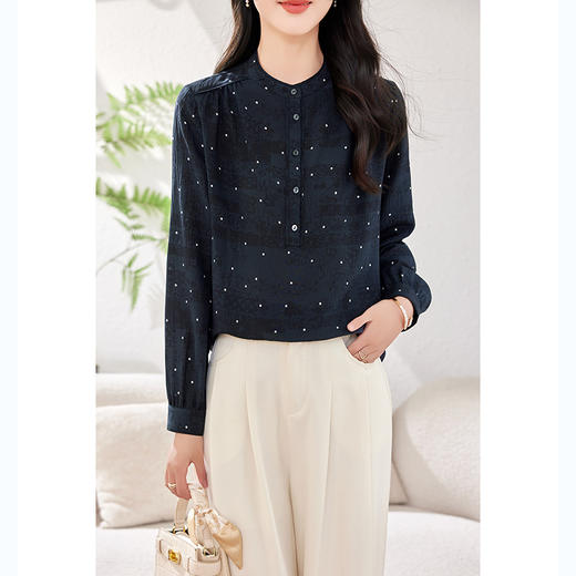KQ-2026年春季桑蚕丝新款小复古气质立领波点设计感上衣长袖宽松衬衫 商品图2