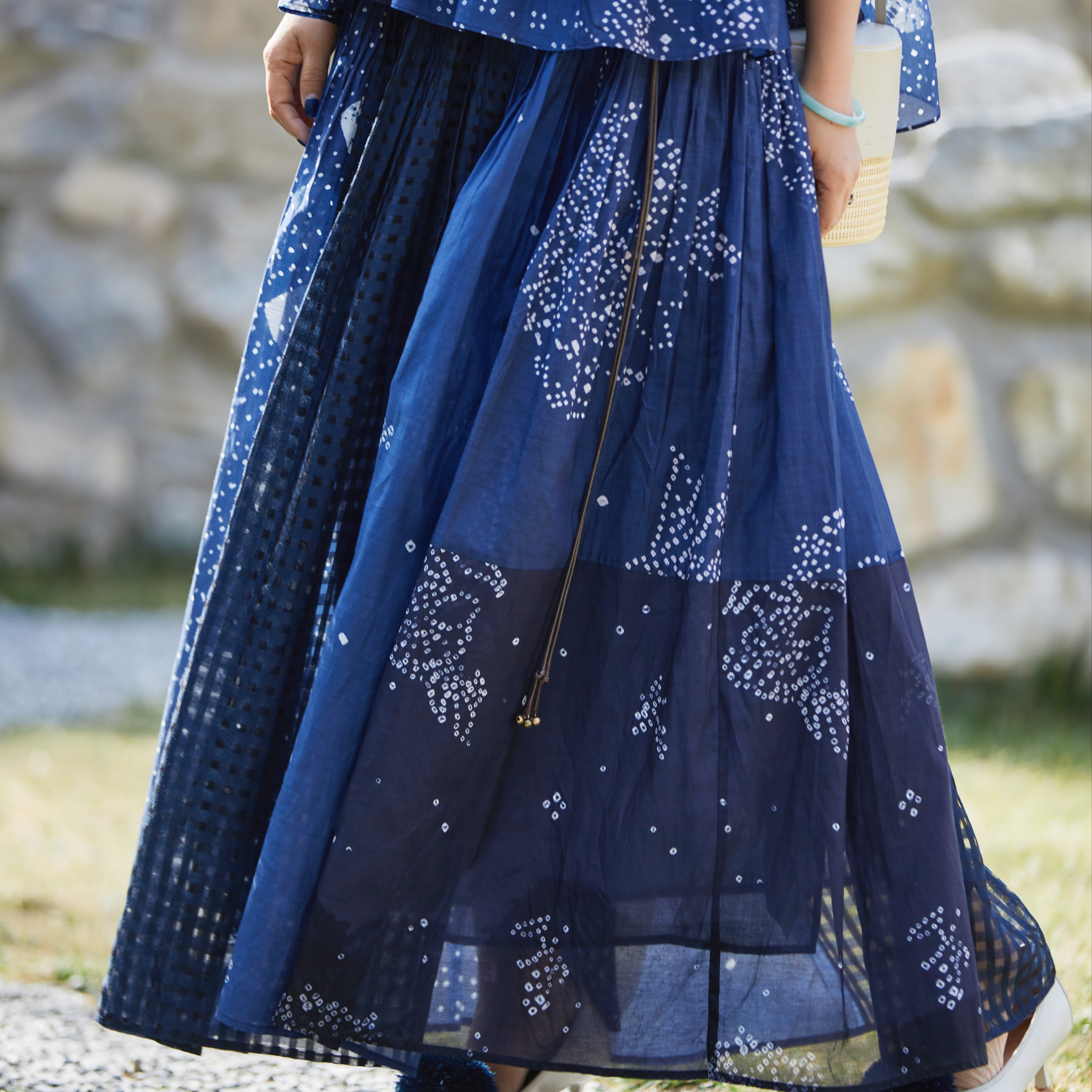 【林栖设计小店】方圆万象|手工腰绳丝棉鱼子缬印花2026夏新款压褶半身裙1962151