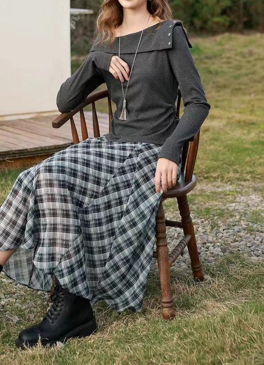 F022798春季新款长袖简约T恤套头上衣一字肩修身针织衫 商品图4