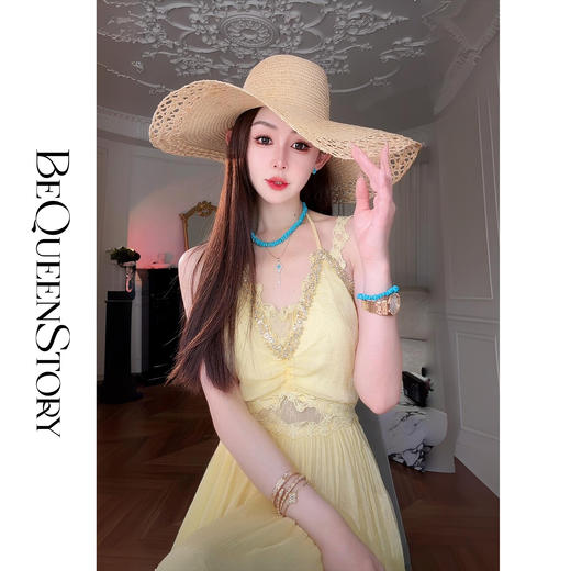 【孤品样衣，不退不换】【日暮黄水仙】高级重工手缝织带收腰皱感仙气吊带裙 商品图2