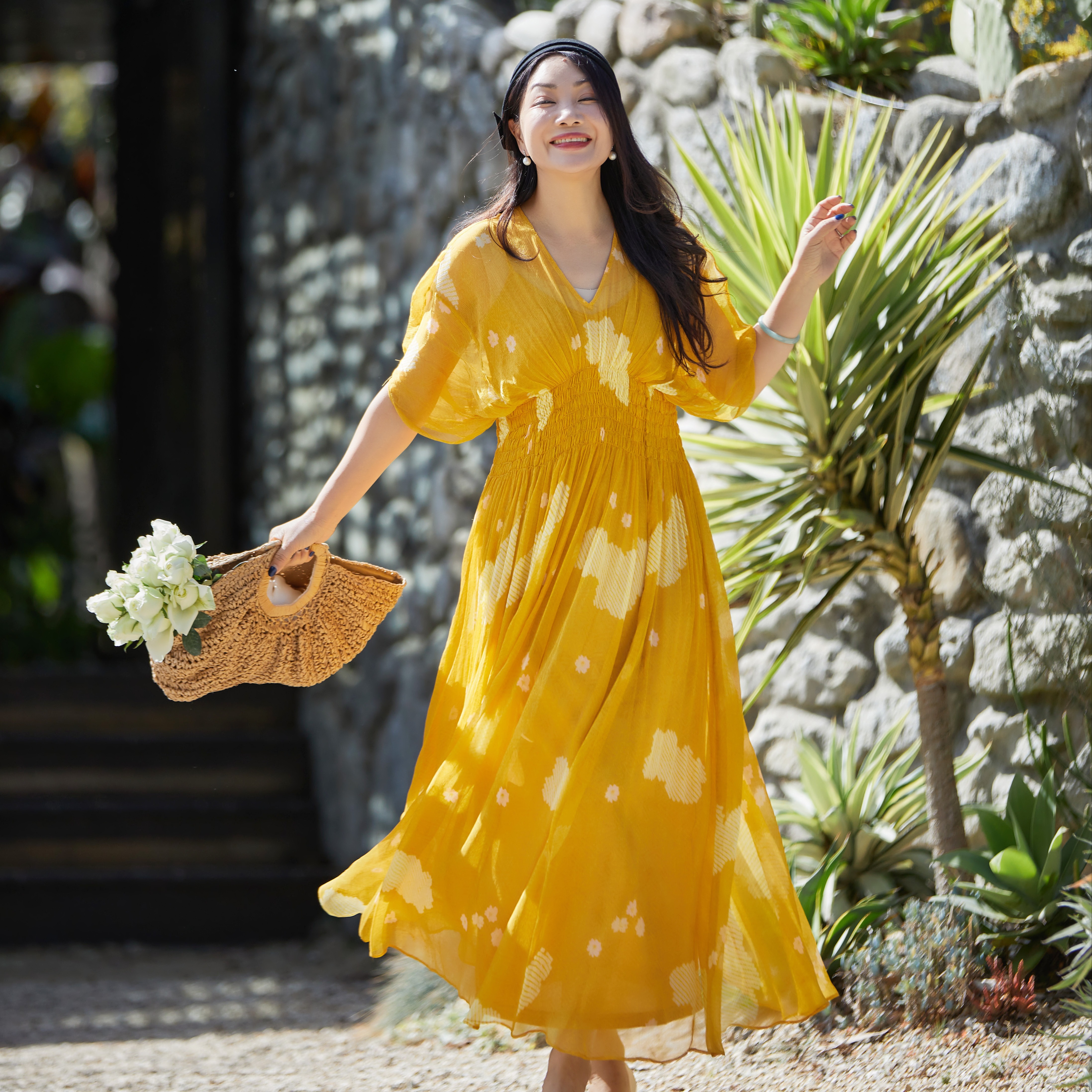 【林栖设计小店】浮云逸然|桑蚕丝鱼子缬印花优雅多色2026夏新款连衣裙两件套1962037