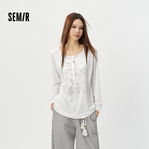 森马长袖T恤女夏中长款oversize印花2026新款慵懒甜美少女感罩衫 商品图1
