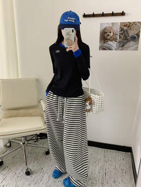 the ba*撞色拼接修身抽褶长袖T恤