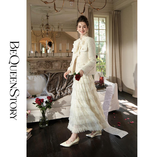 【孤品样衣，不退不换】【暮雪苍兰】轻奢羊毛混纺重工定制珠片V领正肩小香风外套 商品图3