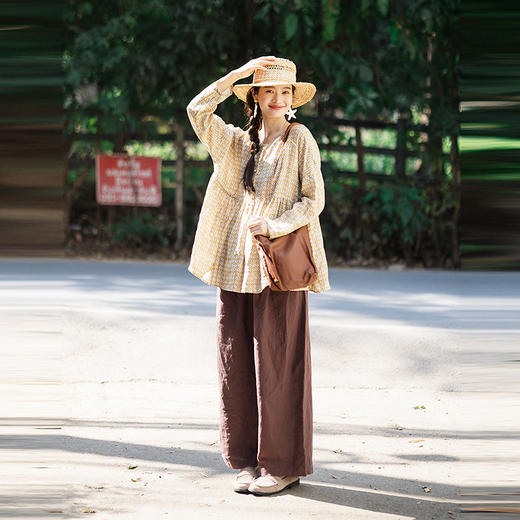 绽放131-127朵/亚麻印花圆领半开襟长袖衬衫女新款大摆拼色半身裙 商品图2