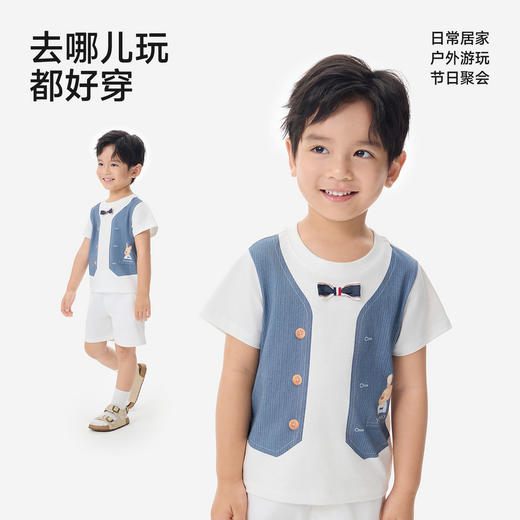 【100%精梳棉】英氏儿童衣服男童圆领百搭上衣夏装短袖T恤针织卡通纯棉薄款上衣 商品图3