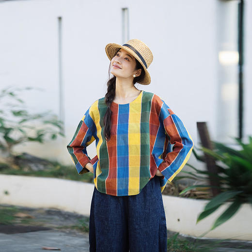 绽放109朵/织彩·汉麻棉圆领长袖提花面料彩色短T春夏松弛感T恤女 商品图0