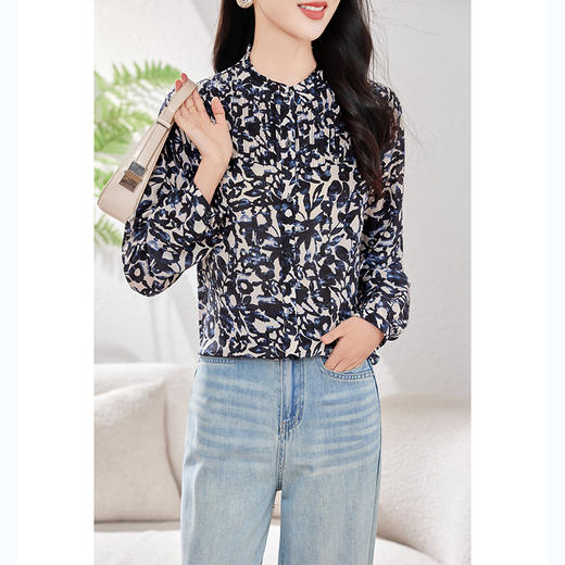 KQ-新碎花长袖衬衫女真丝显瘦气质时尚春季衬衣复古轻奢优雅上衣 商品图1