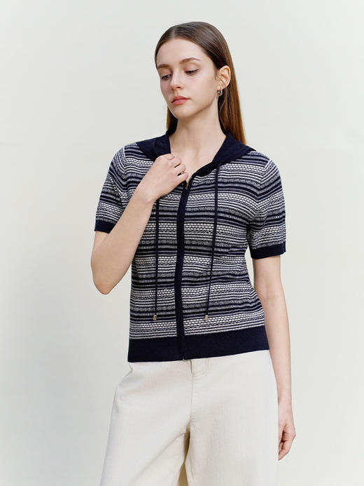 【连帽款短袖针织条纹开衫】2026春夏新品女士条纹撞色薄款针织开衫小外套 商品图1