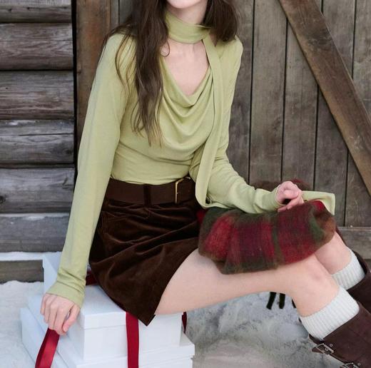 F022728春季新款荡领T恤休闲长袖修身飘带上衣 商品图8