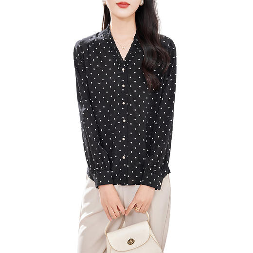 KQ-2026春新款桑蚕丝开衫波点简约设计感女士V字领长袖通勤外搭衬衫 商品图4