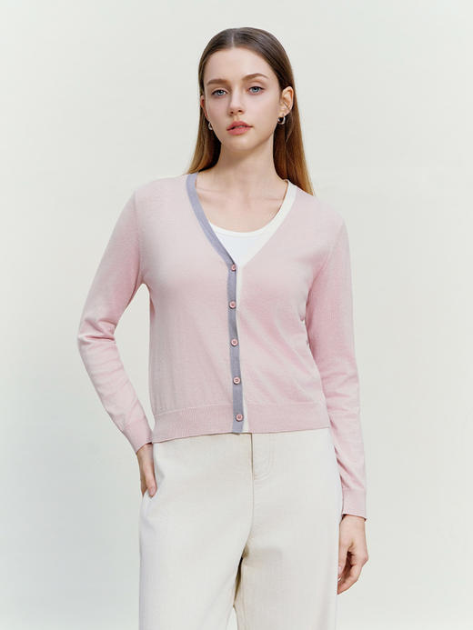 【V领撞色针织开衫】26年春夏新品女士薄款棉质开衫小外套 商品图0