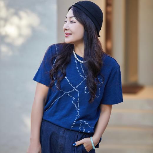 【林栖设计小店】方圆万象|鱼子缬印花优雅百搭气质2026夏新款纯棉T恤1962123 商品图1