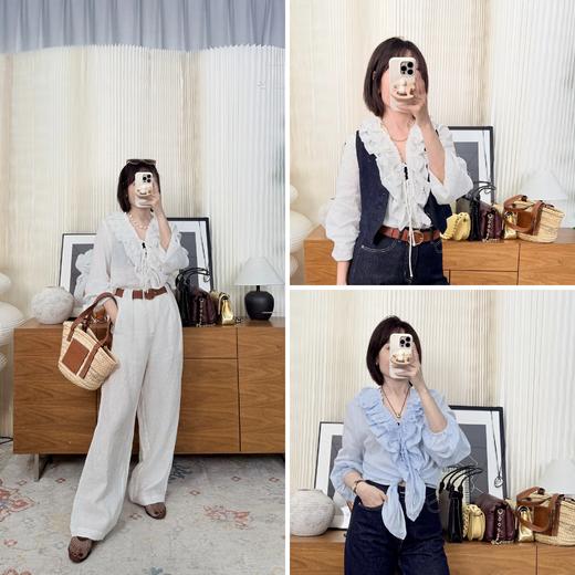 更爱自己100苎麻长袖木耳边衬 深V飘带宽松款 轻度假需求 女神设计款 商品图1