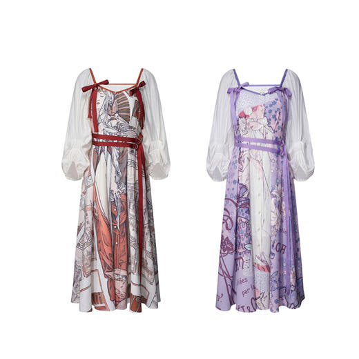 两三事蜜月冠冕2026春季新款复古蝴蝶结方领系带泡泡袖印花连衣裙 商品图4