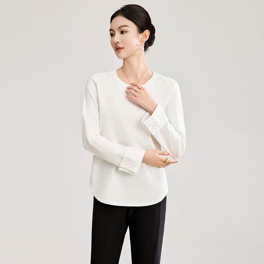 「高货wl」全新升级【铂金会员220/天猫289/差价69】(04702)洛诗琳气质长袖翻折亮片打底衫2026春季新款国风圆领衬衫 商品图0
