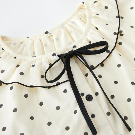 全棉双层纱~26新款荷叶领睡衣少女款家居服带 复古波点/千鸟格 洋气俏皮 蝴蝶结系长袖睡衣套装 商品图2