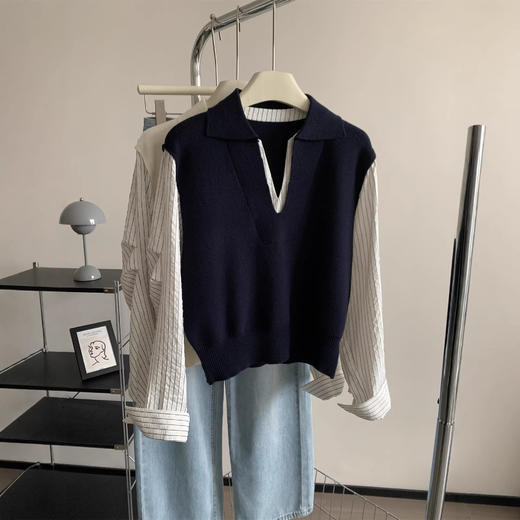 春季新品假两件拼接袖V领针织背心衬衫 洋气翻领针织上衣 商品图1