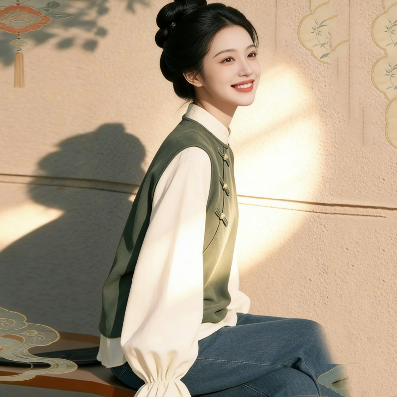 （预售7天发货）新中式假两件衬衣，韩系慵懒风+洋气绿色，时尚感瞬间拉满！