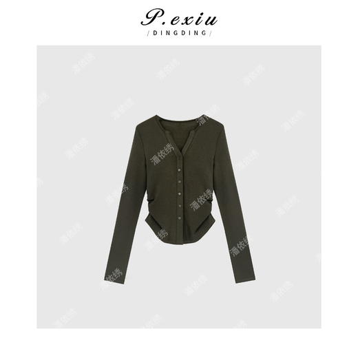 04-6潘依绣丁丁宠粉韩系休闲V领单排扣褶皱收腰长袖开衫 Q5694 商品图0