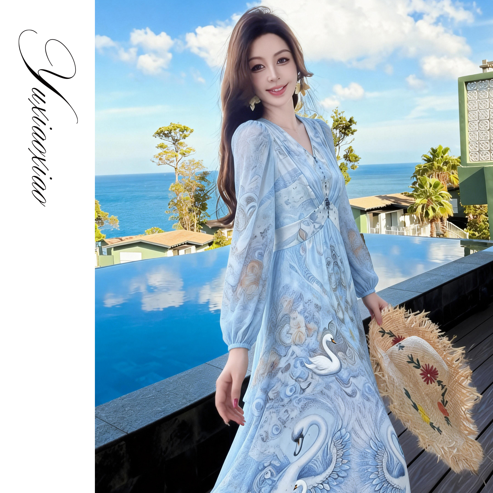 【孤品样衣，不退不换】【天鹅之舞】2025春装新款欧若风桑蚕丝彩丝双绉收腰连衣裙