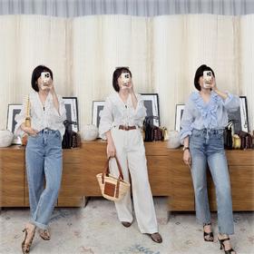 更爱自己100苎麻长袖木耳边衬 深V飘带宽松款 轻度假需求 女神设计款