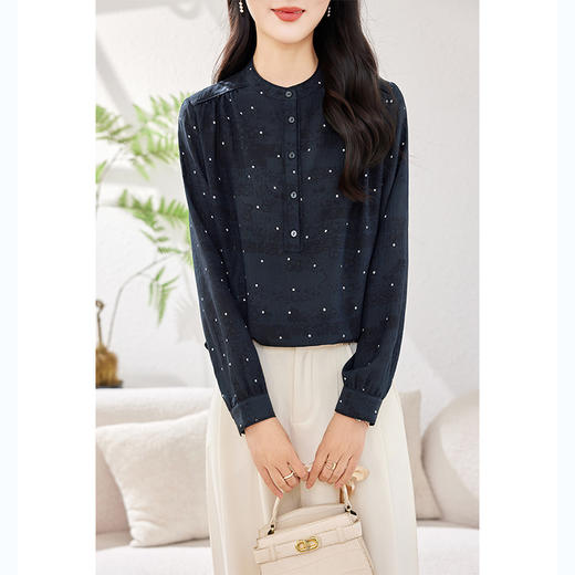 KQ-2026年春季桑蚕丝新款小复古气质立领波点设计感上衣长袖宽松衬衫 商品图3