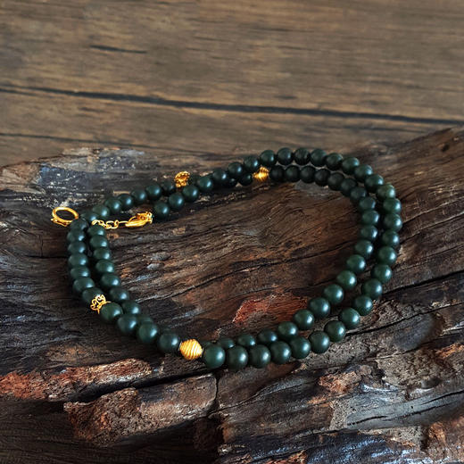 【天然正品】AU750黄金镶天然新疆料细腻塔青约6.3MM和田玉珠串手链项链两用款 链长：59CM（皆取最大值）140126NJS07 商品图3