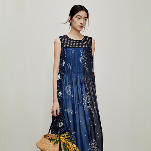 【林栖设计小店】方圆万象|丝棉鱼子缬印花复古压褶2026夏新款无袖连衣裙1962149 商品图5