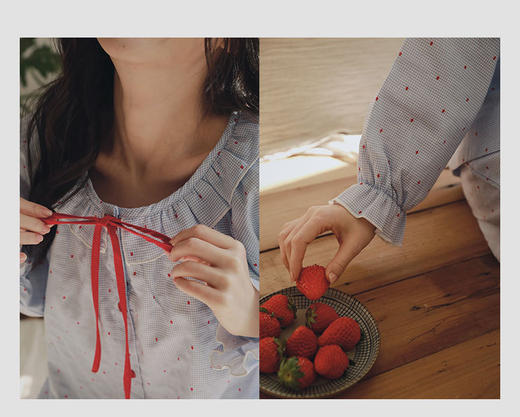 全棉双层纱~26新款荷叶领睡衣少女款家居服带 复古波点/千鸟格 洋气俏皮 蝴蝶结系长袖睡衣套装 商品图5