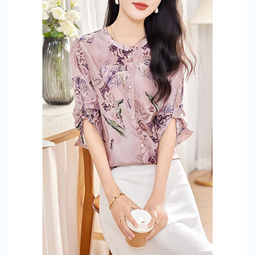 KQ-印花桑蚕丝衬衫女2026春季新款时尚洋气宽松减龄粉色真丝长袖上衣 商品图1
