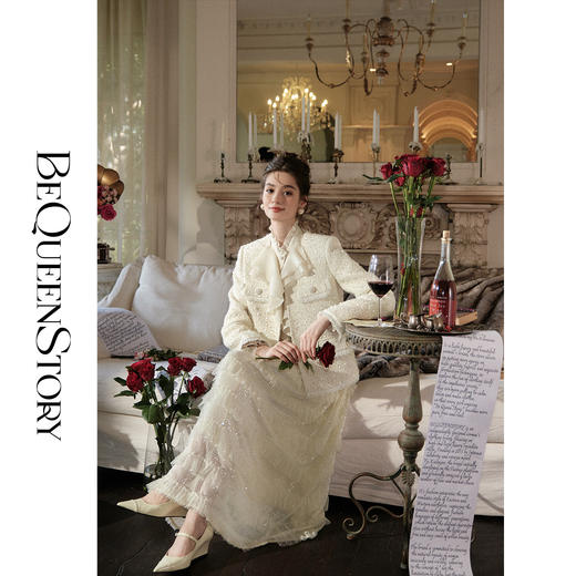 【孤品样衣，不退不换】【暮雪苍兰】轻奢羊毛混纺重工定制珠片V领正肩小香风外套 商品图4