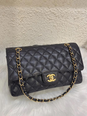 Chanel cf 中号 黑金 荔枝纹牛皮 翻盖包