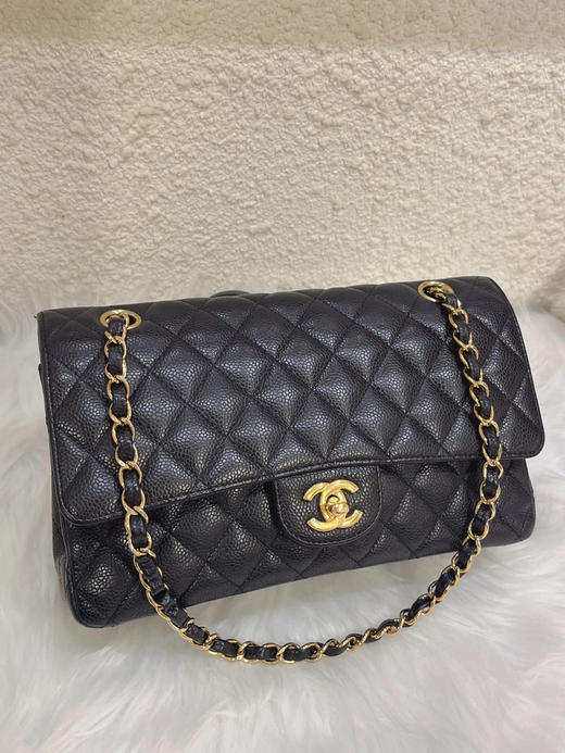 Chanel cf 中号 黑金 荔枝纹牛皮 翻盖包 商品图0
