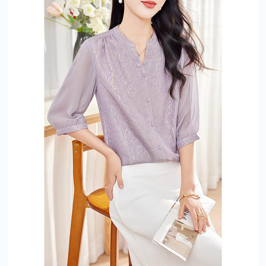 KQ-夏款2026年新款时尚休闲纽扣开衫女装五分袖紫色桑蚕丝衬衫 商品图0