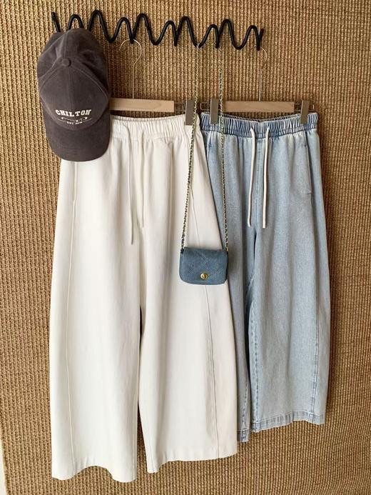 【多妈团购 汀蓝白牛随心裤 腿粗闭眼拍（预售10天发）】开春穿太合适了！九分裤长，清爽不拖沓，懒人抽绳松紧腰头设计，颜色自然又温柔，遮肉效果绝了-连横 商品图1