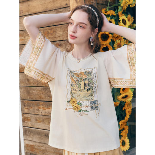 两三事梵高文艺风铃纸鸢2026春新款小清新印花不规则袖t恤女宽松 商品图3