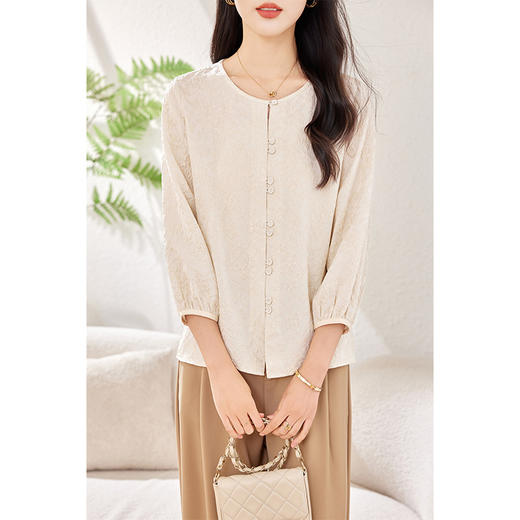 KQ-圆领法式七分袖衬衫女2026年新款韩版设计感桑蚕丝娃娃衫通勤衬衣 商品图3