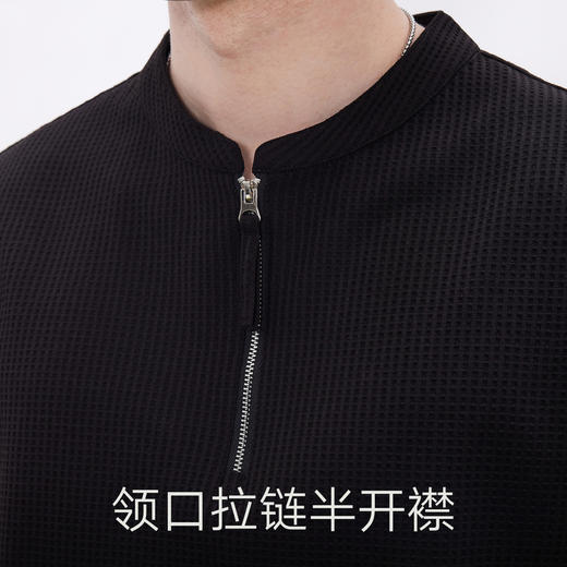 gxgjeans男装 黑色半拉链宽松华夫格休闲立领短袖t恤男26夏新品 商品图4