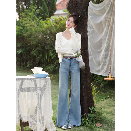 鹿向南「圣花云柔」蓝色牛仔裤女春季小个子修身微喇长款拖地裤 商品图1