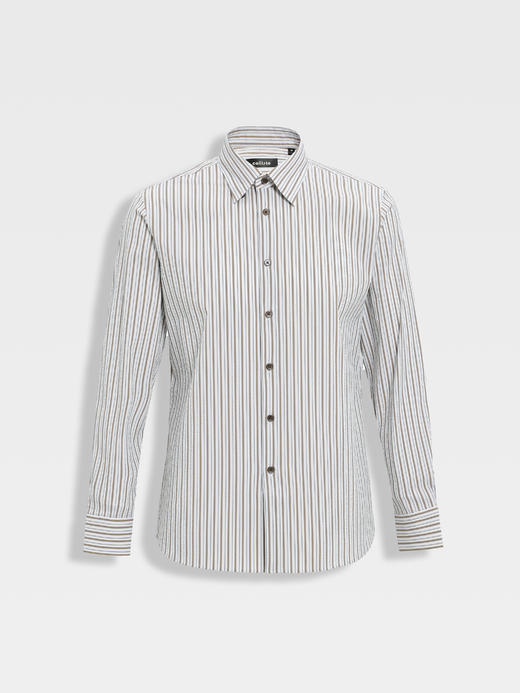 callisto卡其条纹微泡弹力混纺休闲长袖衬衫 商品图0